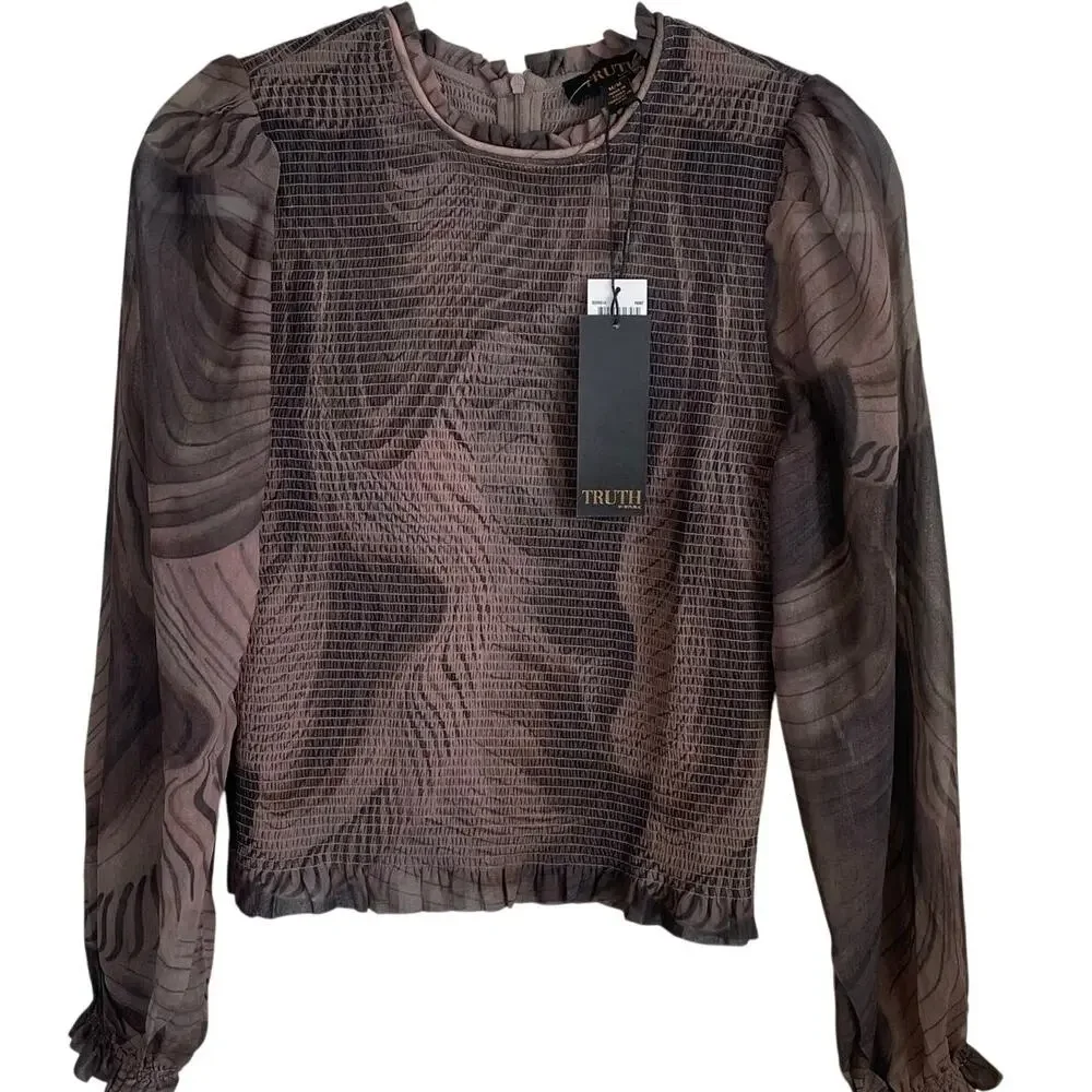 Truth By Republic NWT *FLAW* Smocked Blouse Top Sz M Sheer Long Sleeves Brown - Picture 1 of 14